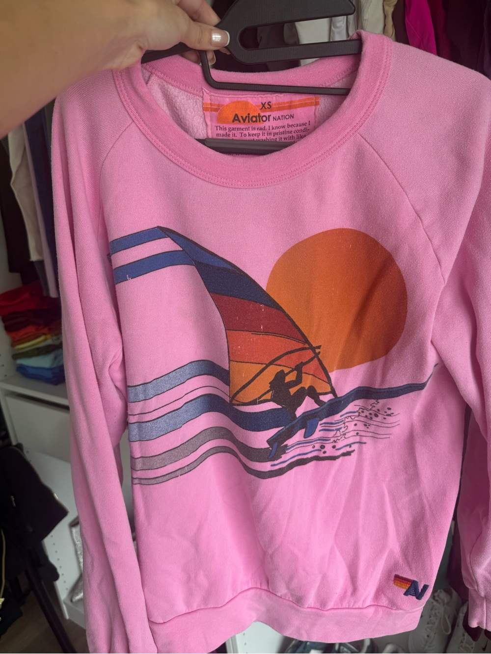 Aviator Nation Pink Crewneck with Sunset Wave Graphic